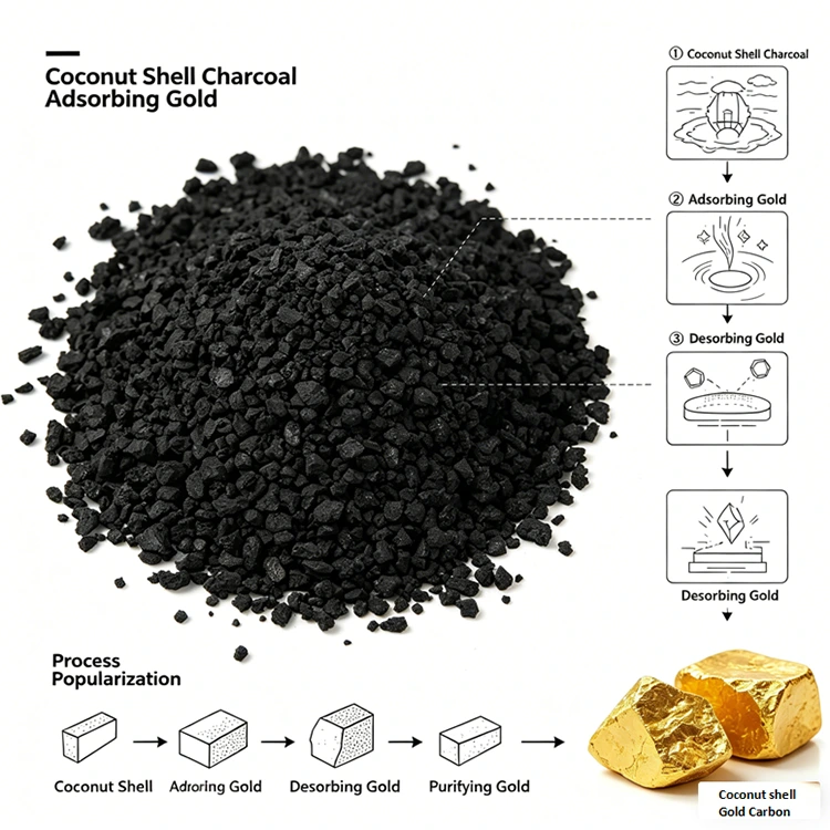 Carbono de casca de coco com valor de iodo 1200 para recuperação de ouro