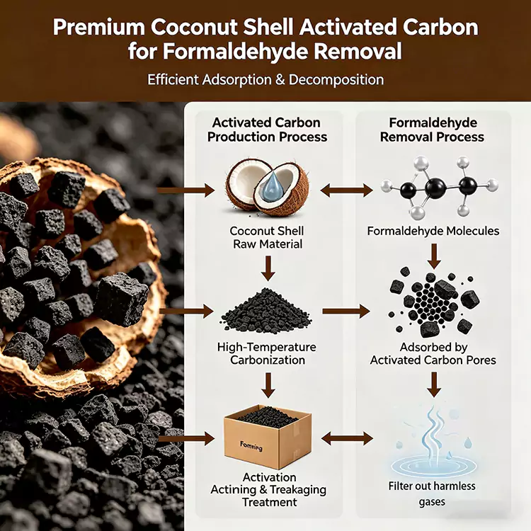 Carbono de casca de coco para remoção de formaldeído