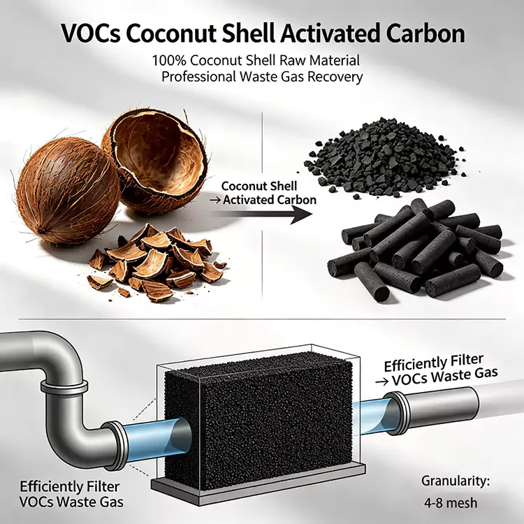 Carbono de casca de coco de recuperação de VOCs